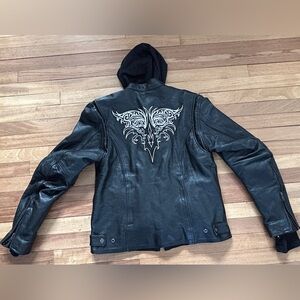 XElement Leather Women's L Motorcycle biker Coat Jacket Black Lined Hooded P3-20